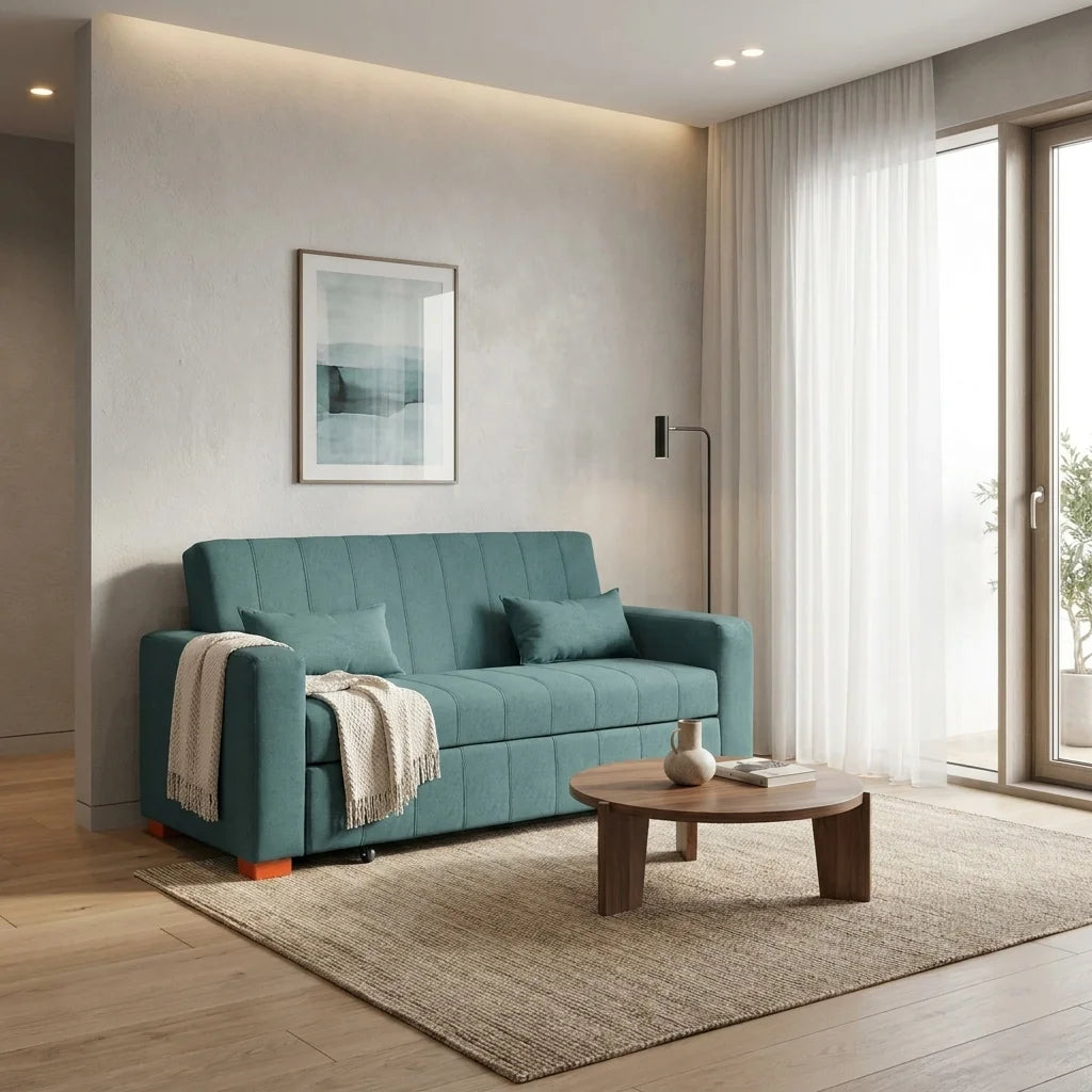 Sofá Cama Olivia - Tela Lino Sidelli Azul Petróleo