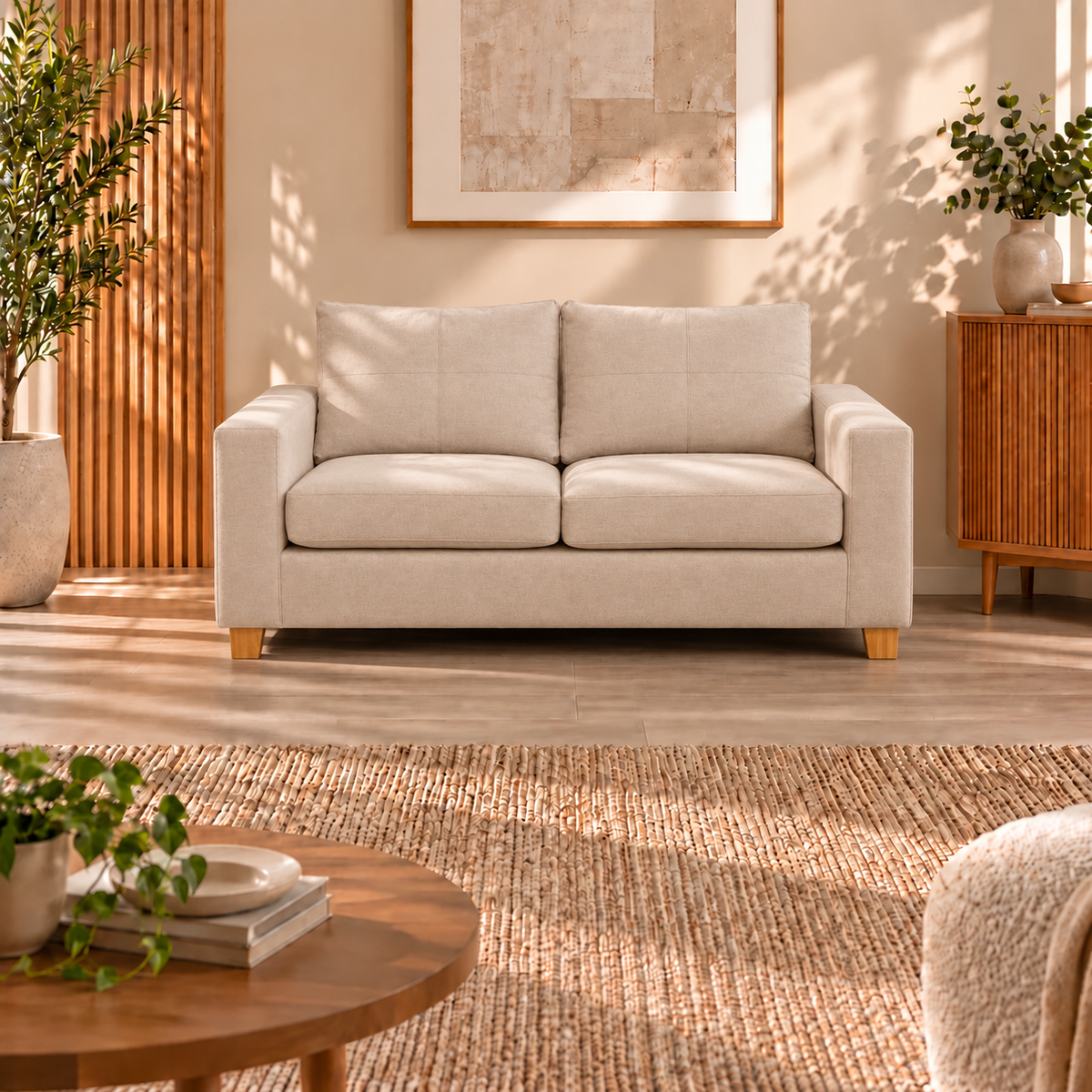 Sofá Magic 2 Cuerpos - Tela Lino Beige ambientado en living, vista frontal