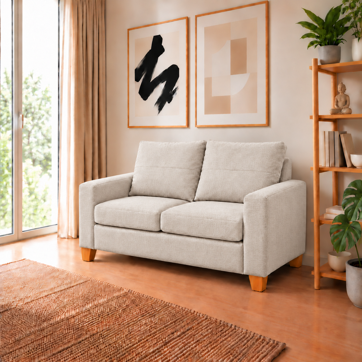 Sofá Magic 2 Cuerpos - Tela Lino Finesse Beige ambientado en living, vista en perspectiva