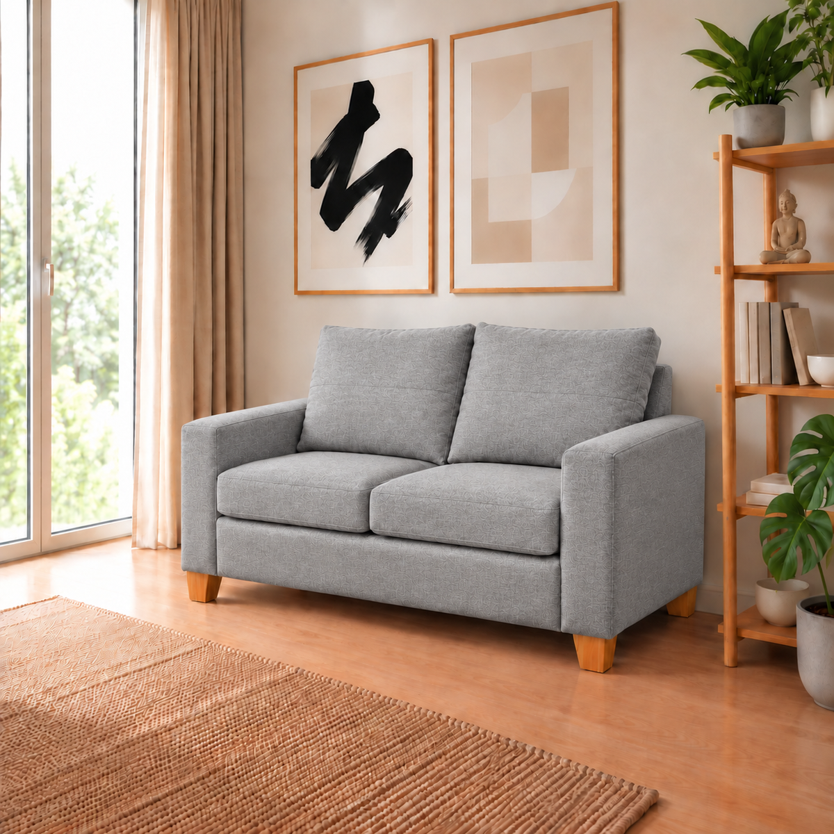 Sofá Magic 2 Cuerpos - Tela Lino Finesse Gris Claro ambientado en living, vista en perspectiva