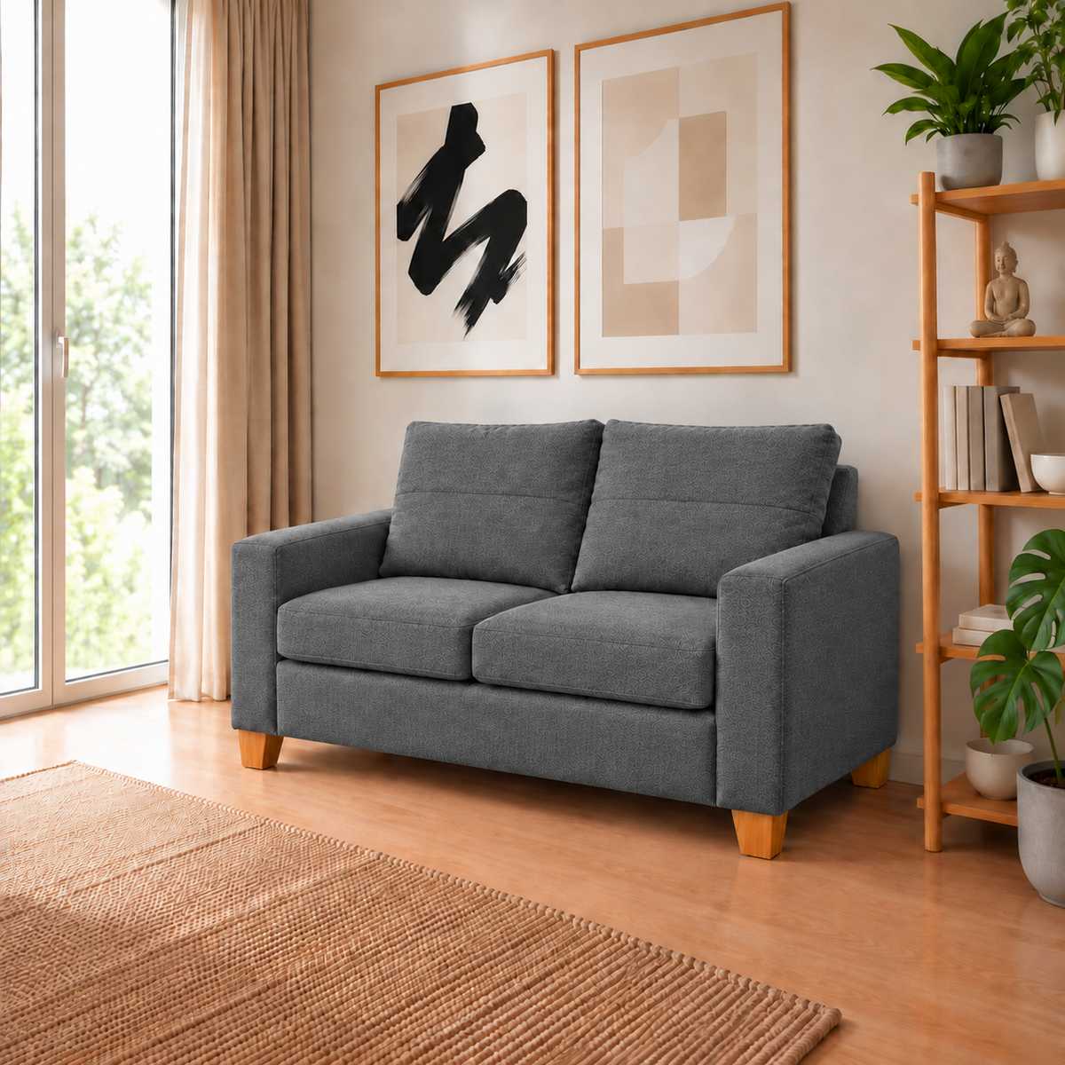 Sofá Magic 2 Cuerpos - Tela Lino Finesse Gris Medio ambientado en living, vista en perspectiva