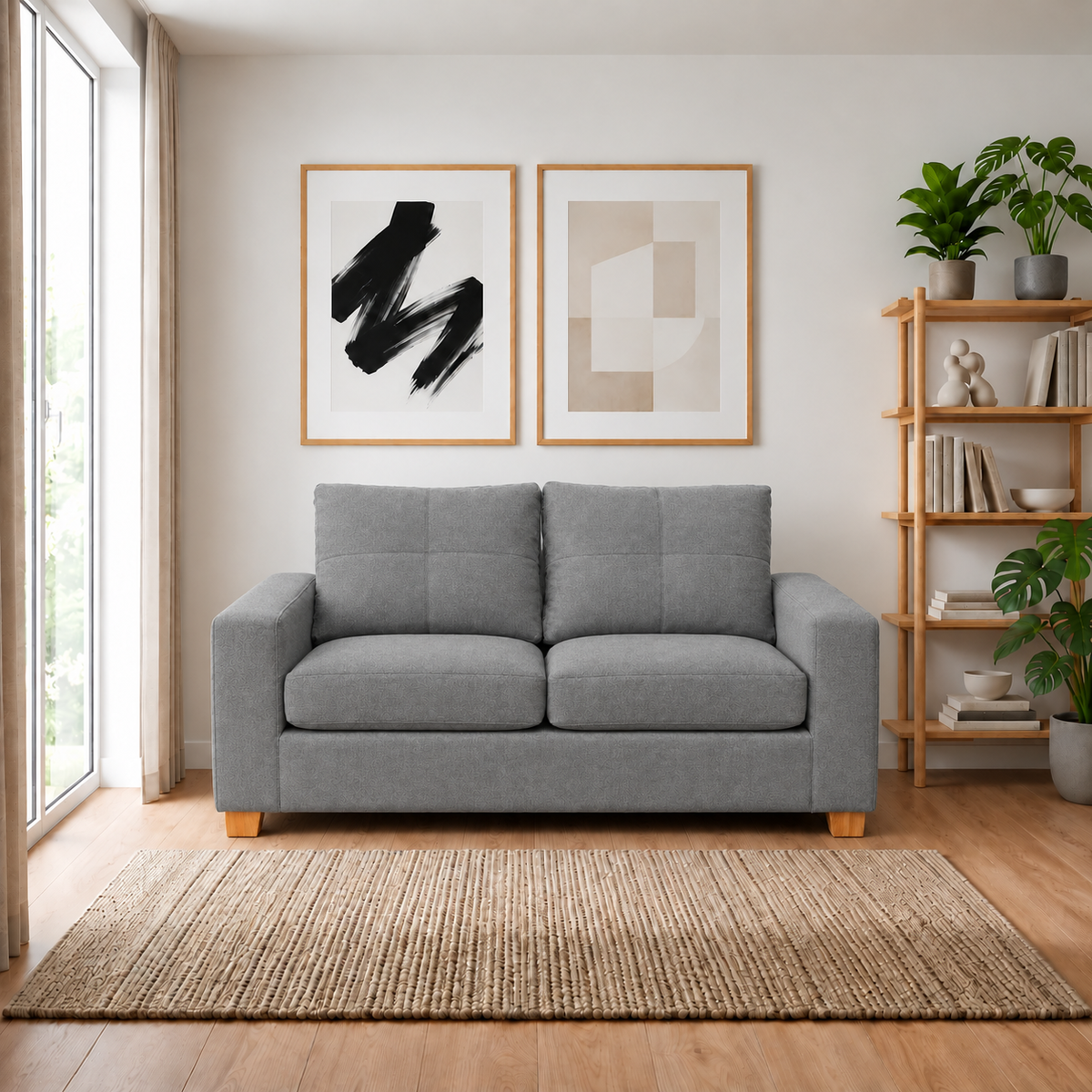 Sofá Magic 2 Cuerpos - Tela Lino Finesse Gris Neutro ambientado en living, vista frontal