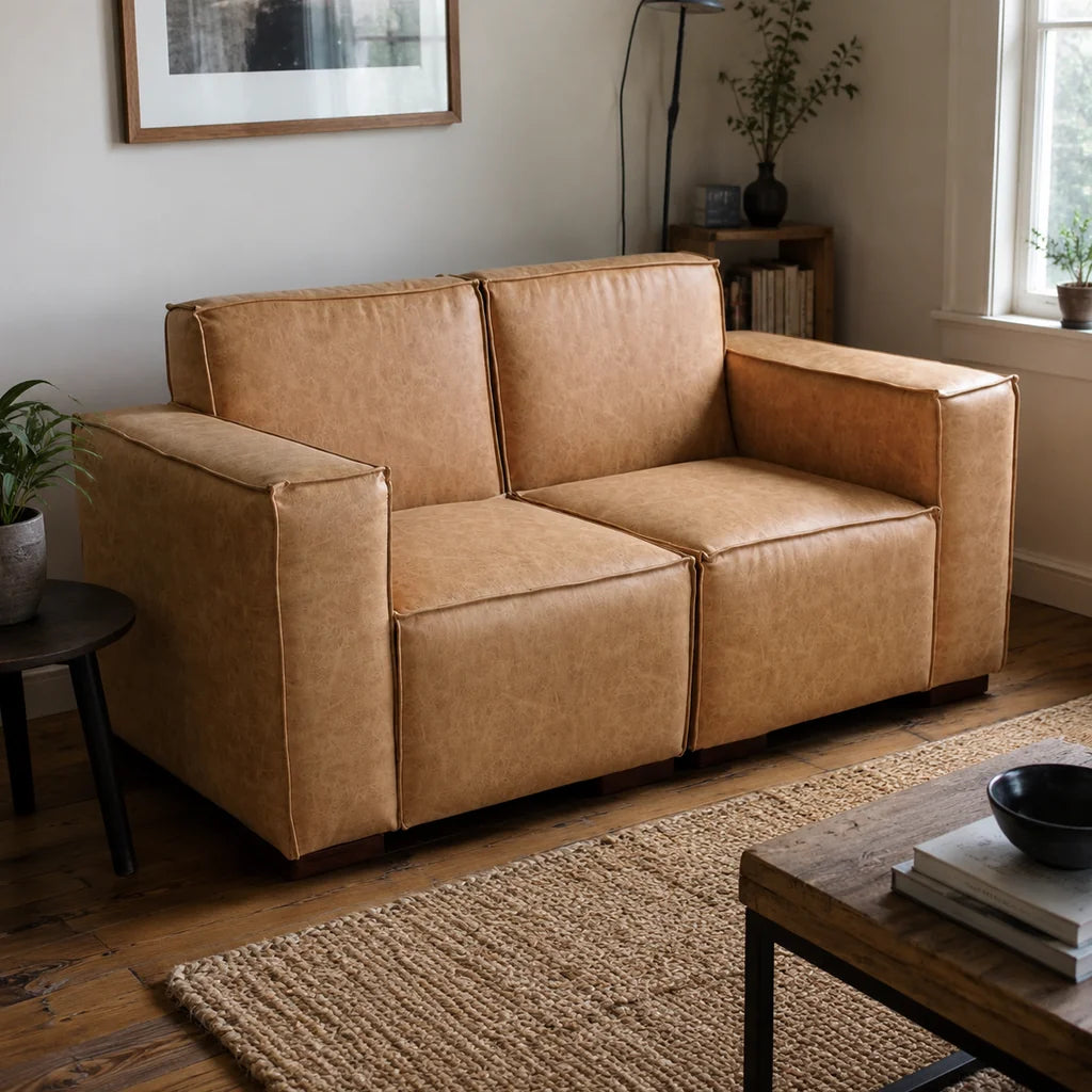 Sofá Modular 2 Cuerpos y 2 Poufs  - Cuero Reconstituido Beige