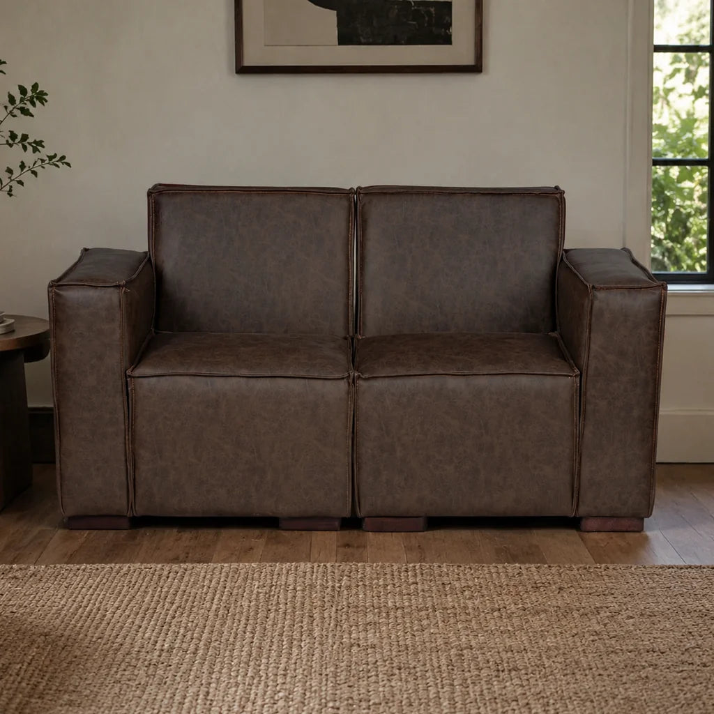 Sofá Modular 2 Cuerpos y 2 Poufs - Cuero Reconstituido Café