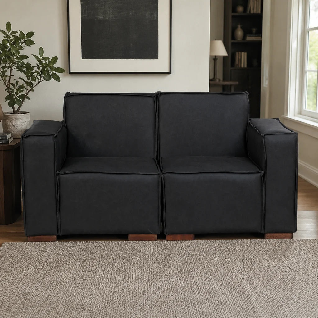 Sofá Modular 2 Cuerpos y 2 Poufs - Cuero Reconstituido Negro