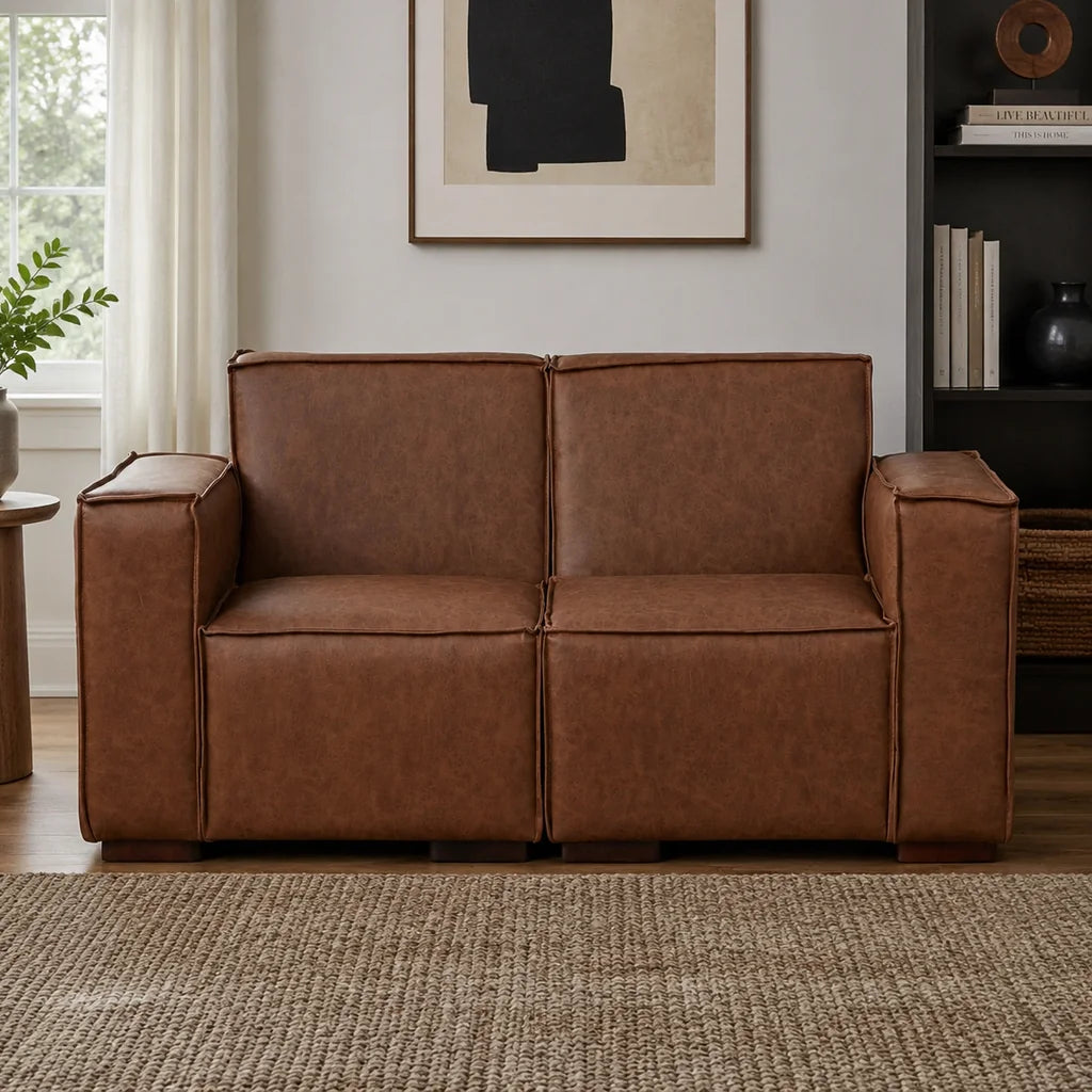 Sofá Modular 2 Cuerpos y 2 Poufs - Cuero Reconstituido Whisky