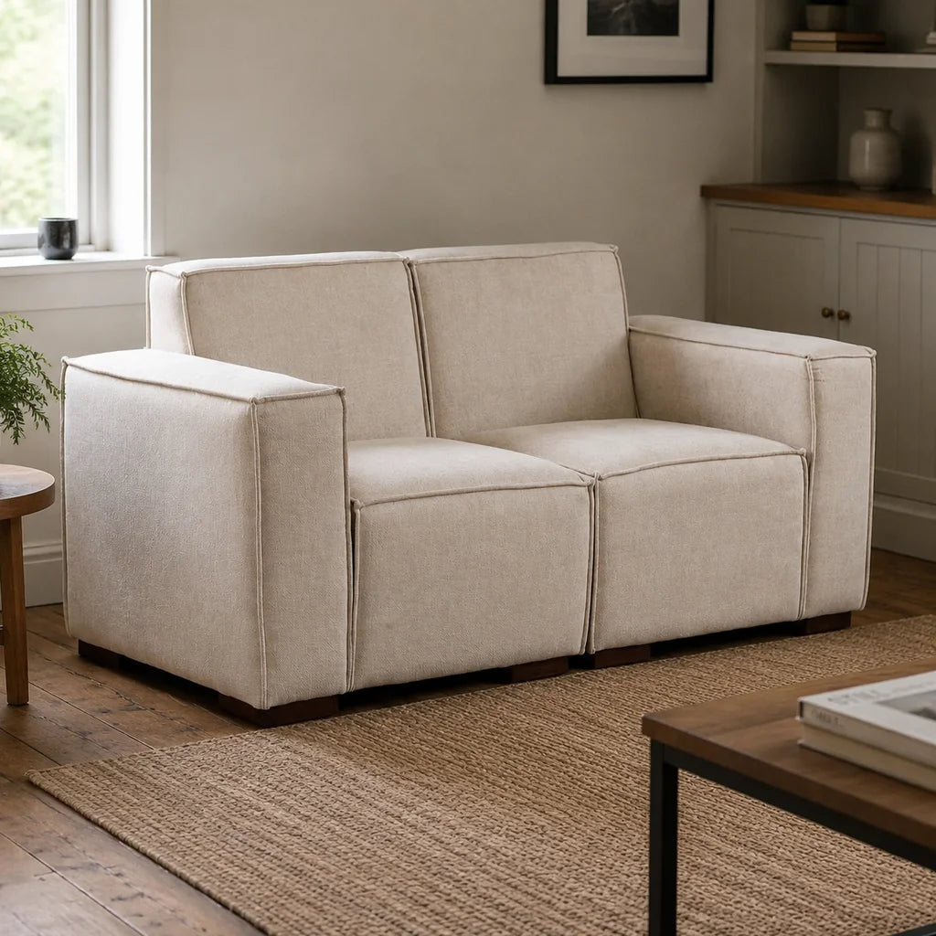 Sofá Modular 2 cuerpos y 2 Poufs  - Tela Lino Finesse Beige