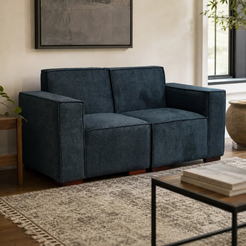 Sofá Modular 2 cuerpos y 2 Poufs  - Tela Lino Finesse Gris Piedra