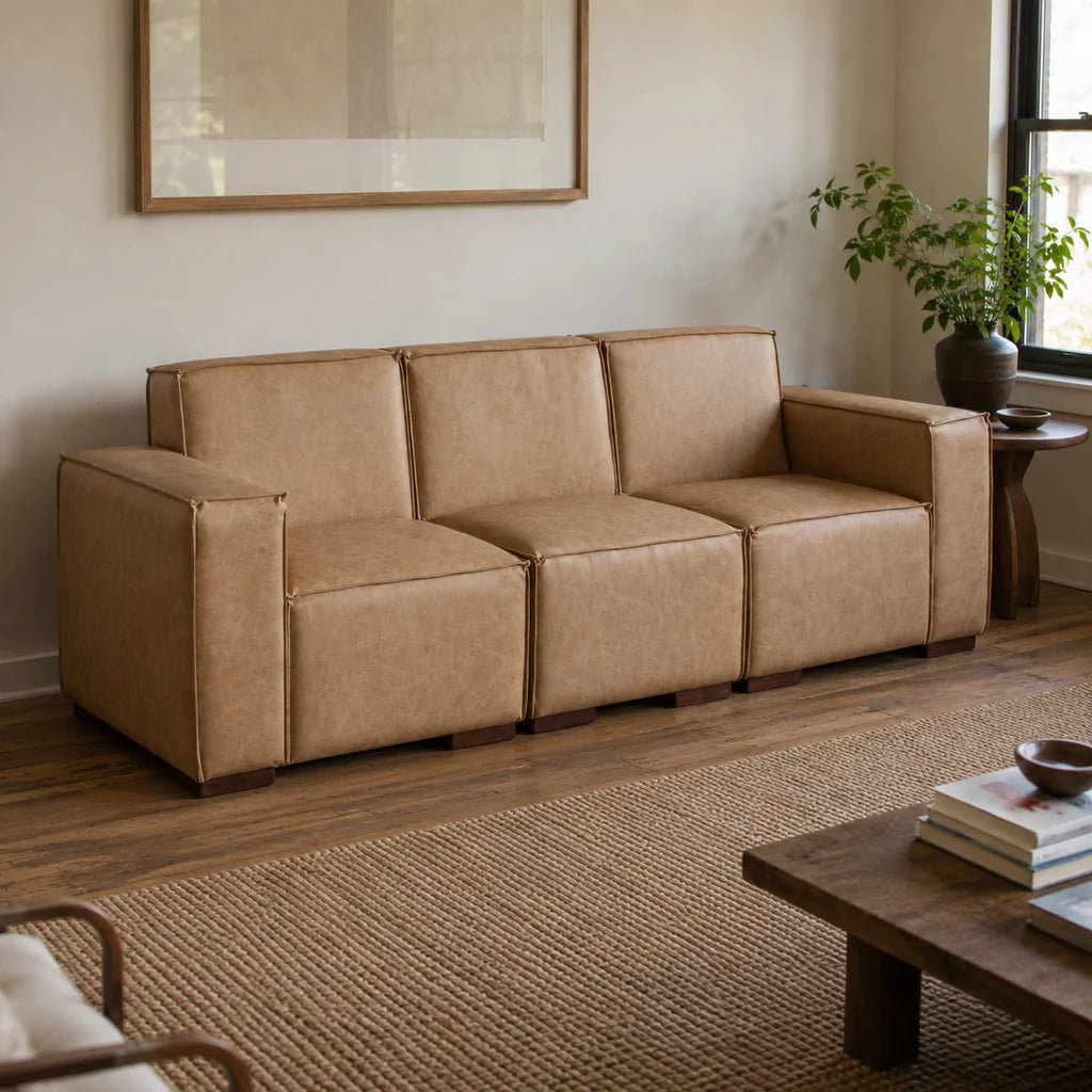 Sofá Modular 3 Cuerpos y 2 Poufs - Cuero Reconstituido Beige