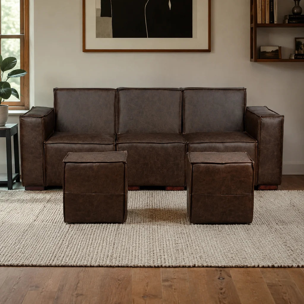 Sofá Modular 3 Cuerpos y 2 Poufs - Cuero Reconstituido Café