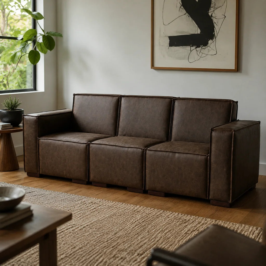 Sofá Modular 3 Cuerpos y 2 Poufs - Cuero Reconstituido Café