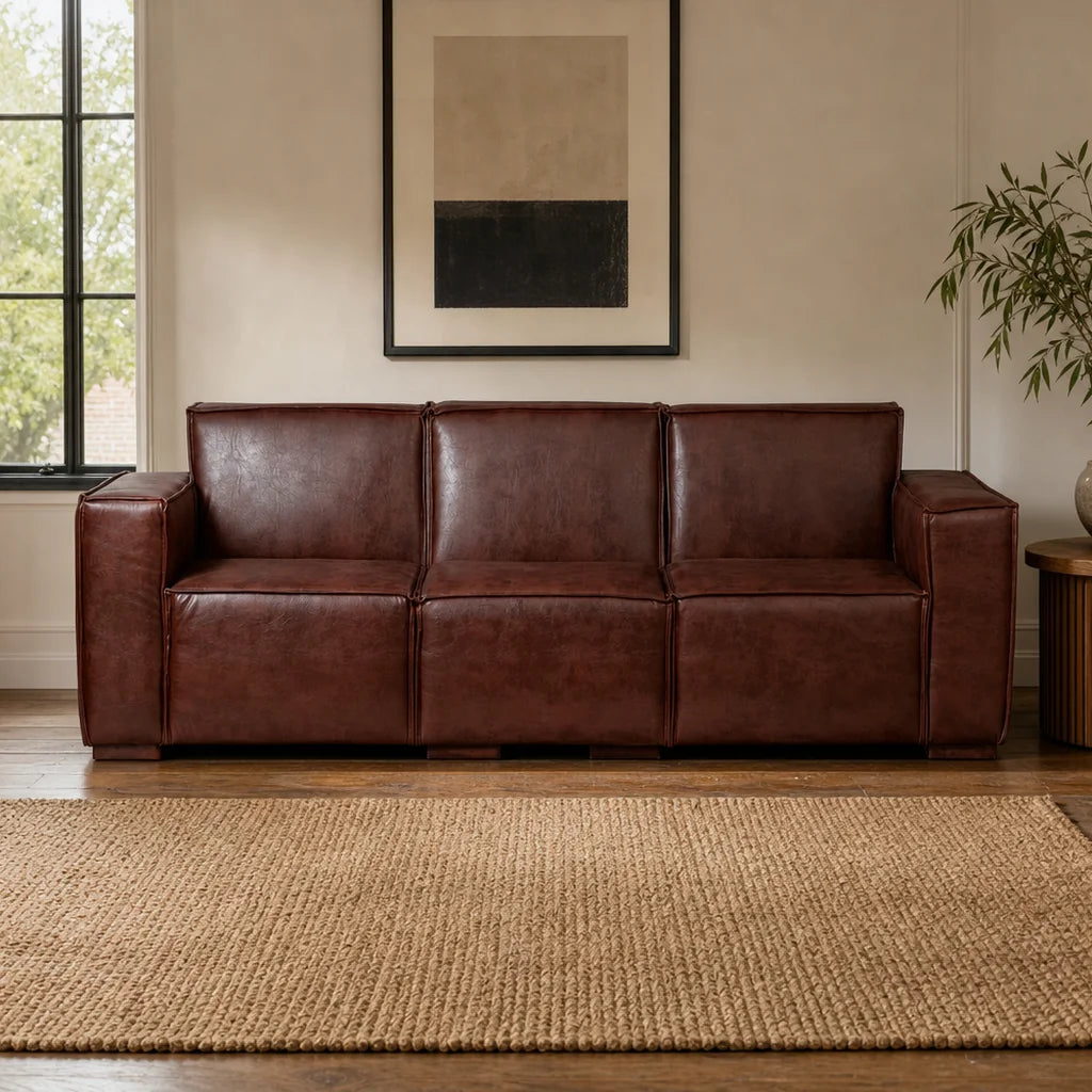 Sofá Modular 3 Cuerpos y 2 Poufs - Cuero Reconstituido Habano