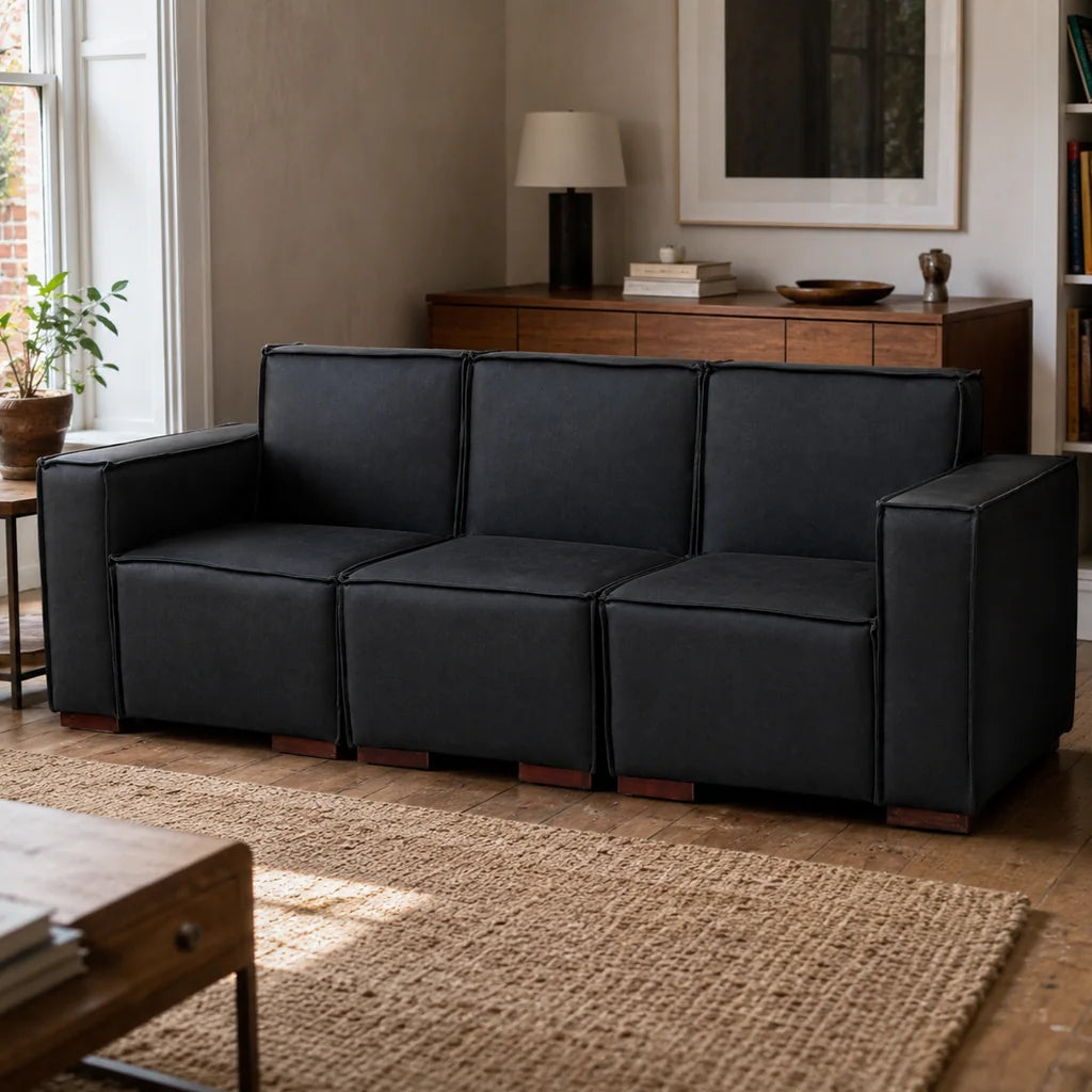 Sofá Modular 3 Cuerpos y 2 Poufs - Cuero Reconstituido Negro