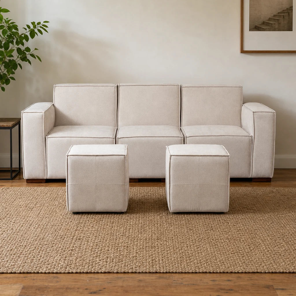 Sofá Modular 3 cuerpos y 2 Poufs  - Tela Lino Finesse Beige