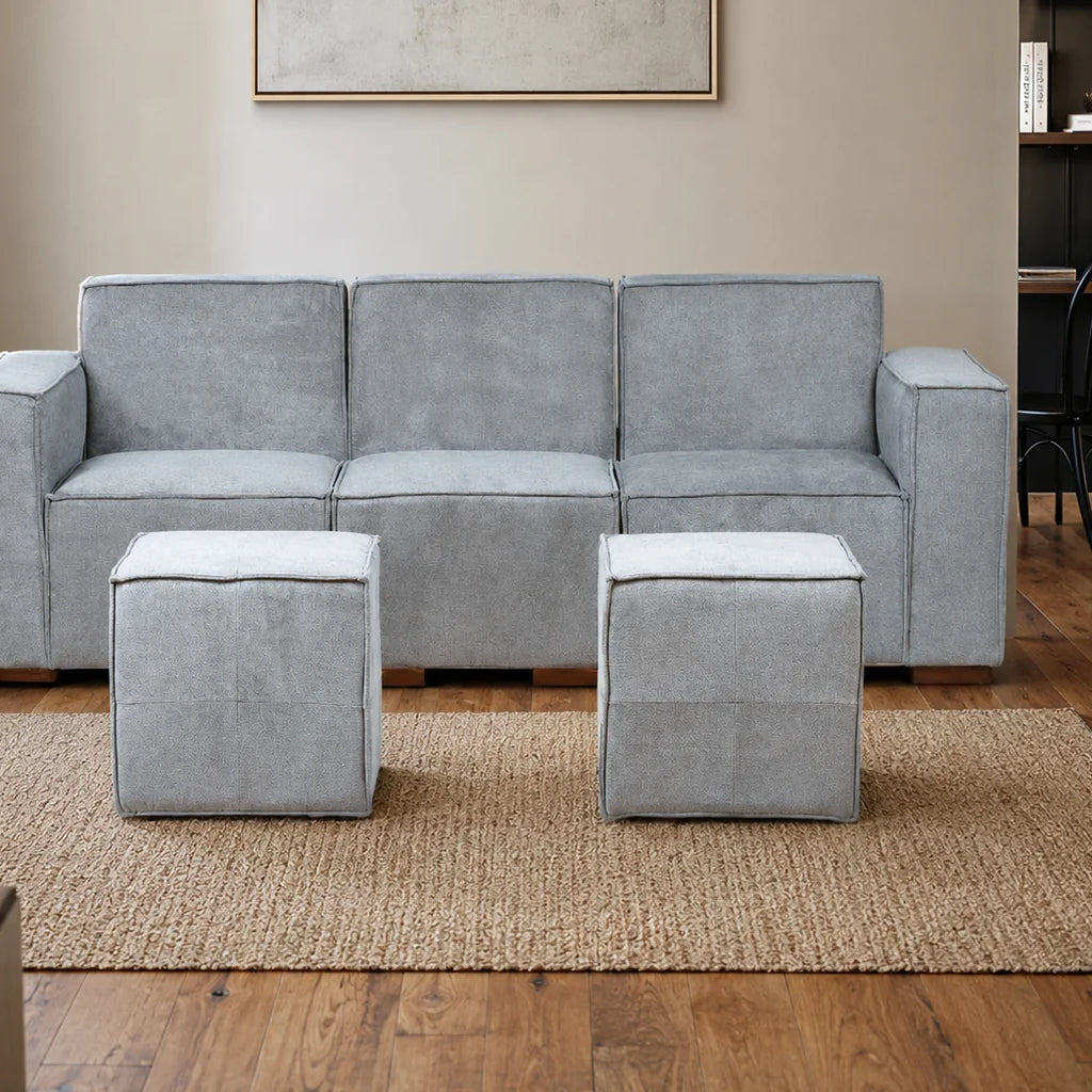 Sofá Modular 3 cuerpos y 2 Poufs  - Tela Lino Finesse Gris Claro