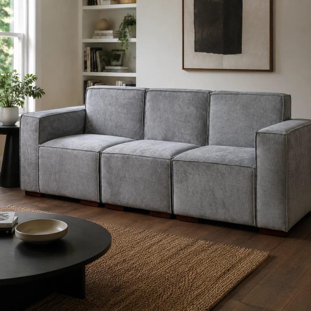 Sofá Modular 3 cuerpos y 2 Poufs  - Tela Lino Finesse Gris Claro
