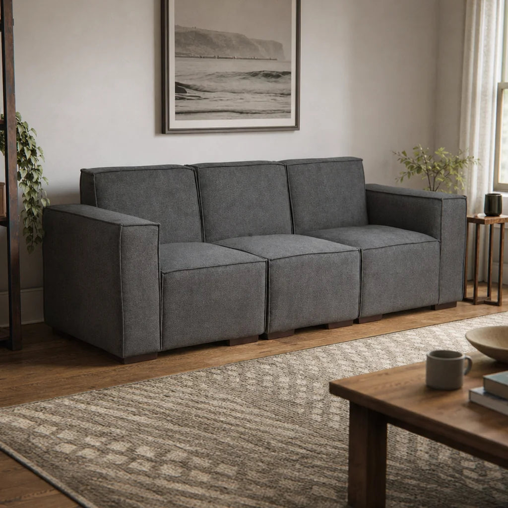 Sofá Modular 3 cuerpos y 2 Poufs  - Tela Lino Finesse Gris Medio