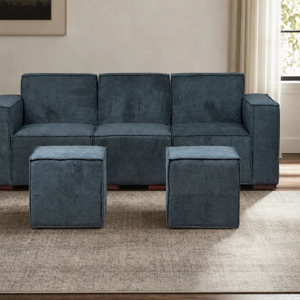 Sofá Modular 3 cuerpos y 2 Poufs  - Tela Lino Finesse Gris Piedra