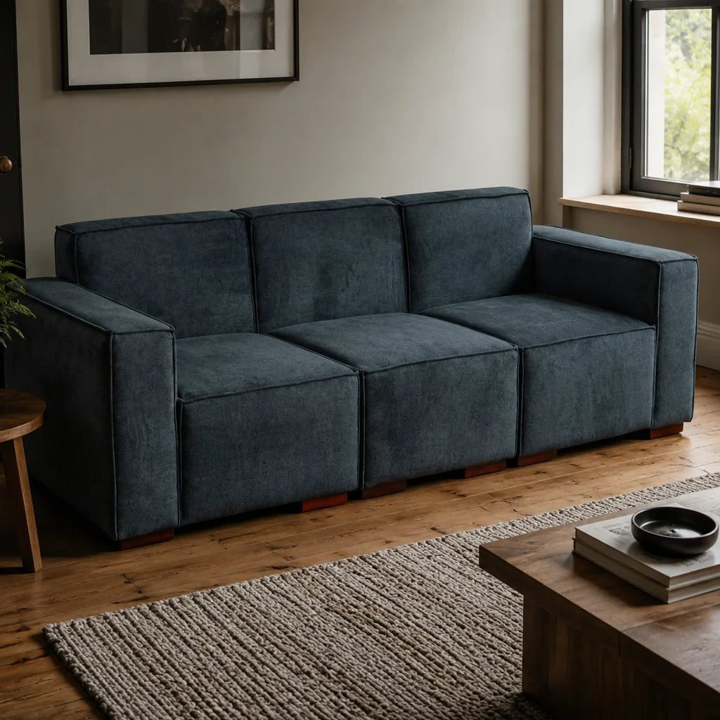 Sofá Modular 3 cuerpos y 2 Poufs  - Tela Lino Finesse Gris Piedra