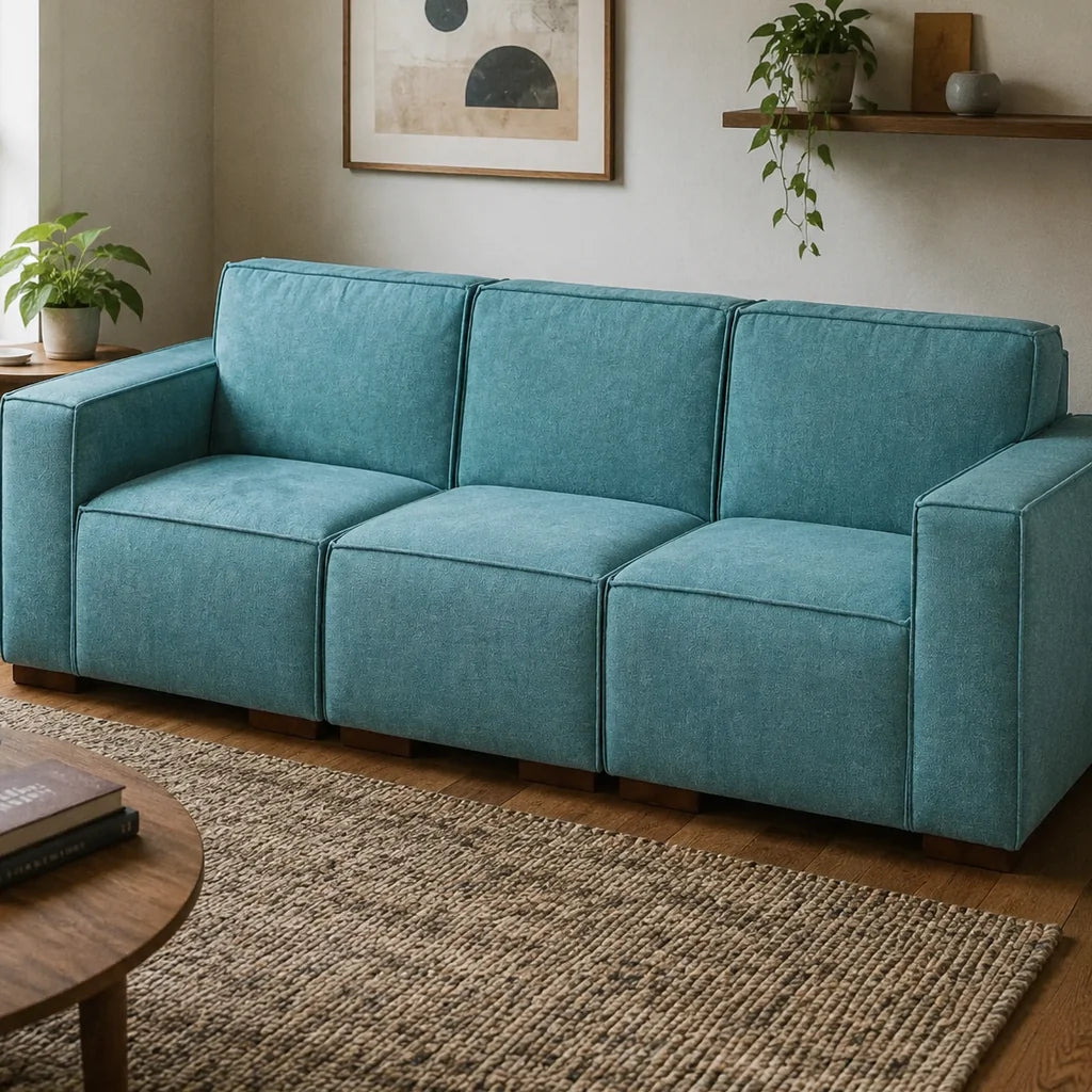 Sofá Modular 3 cuerpos y 2 Poufs  - Tela Lino Finesse Verde Agua