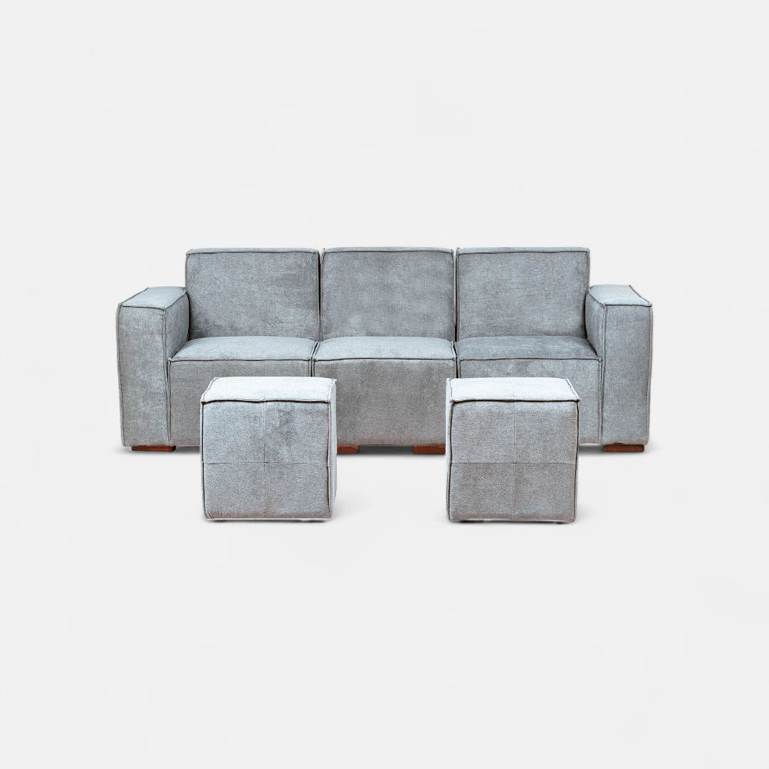 Sofá Modular 3 cuerpos y 2 Poufs  - Tela Lino Finesse Gris Claro