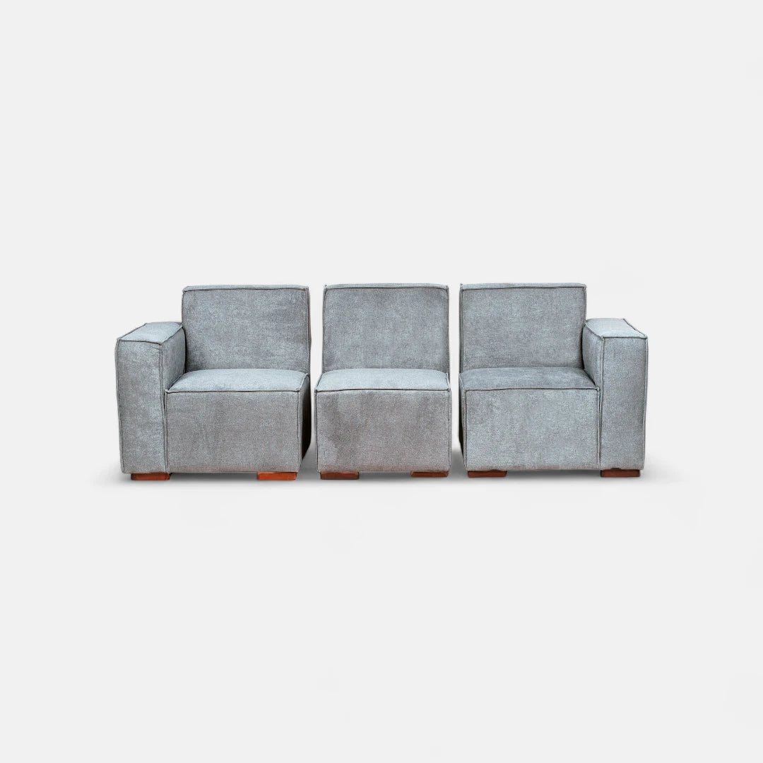 Sofá Modular 3 cuerpos y 2 Poufs  - Tela Lino Finesse Gris Claro