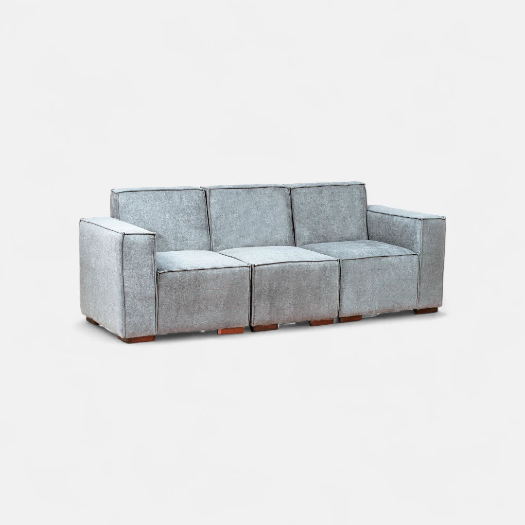 Sofá Modular 3 cuerpos y 2 Poufs  - Tela Lino Finesse Gris Claro