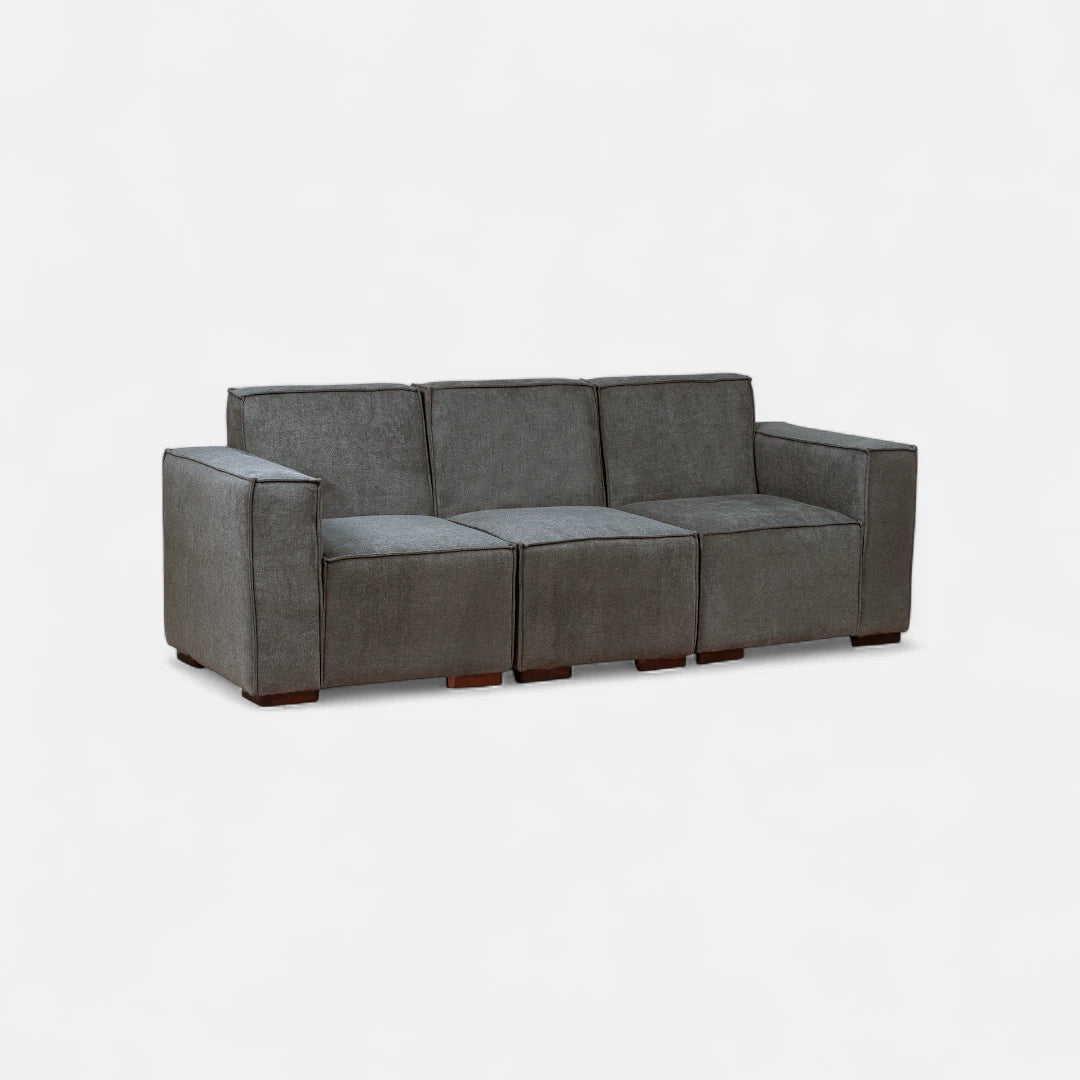 Sofá Modular 3 cuerpos y 2 Poufs  - Tela Lino Finesse Gris Medio